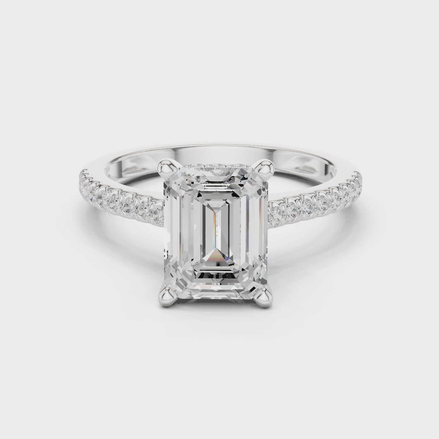 Emerald-Cut Diamond Hidden Halo Engagement Ring with Pave Band
