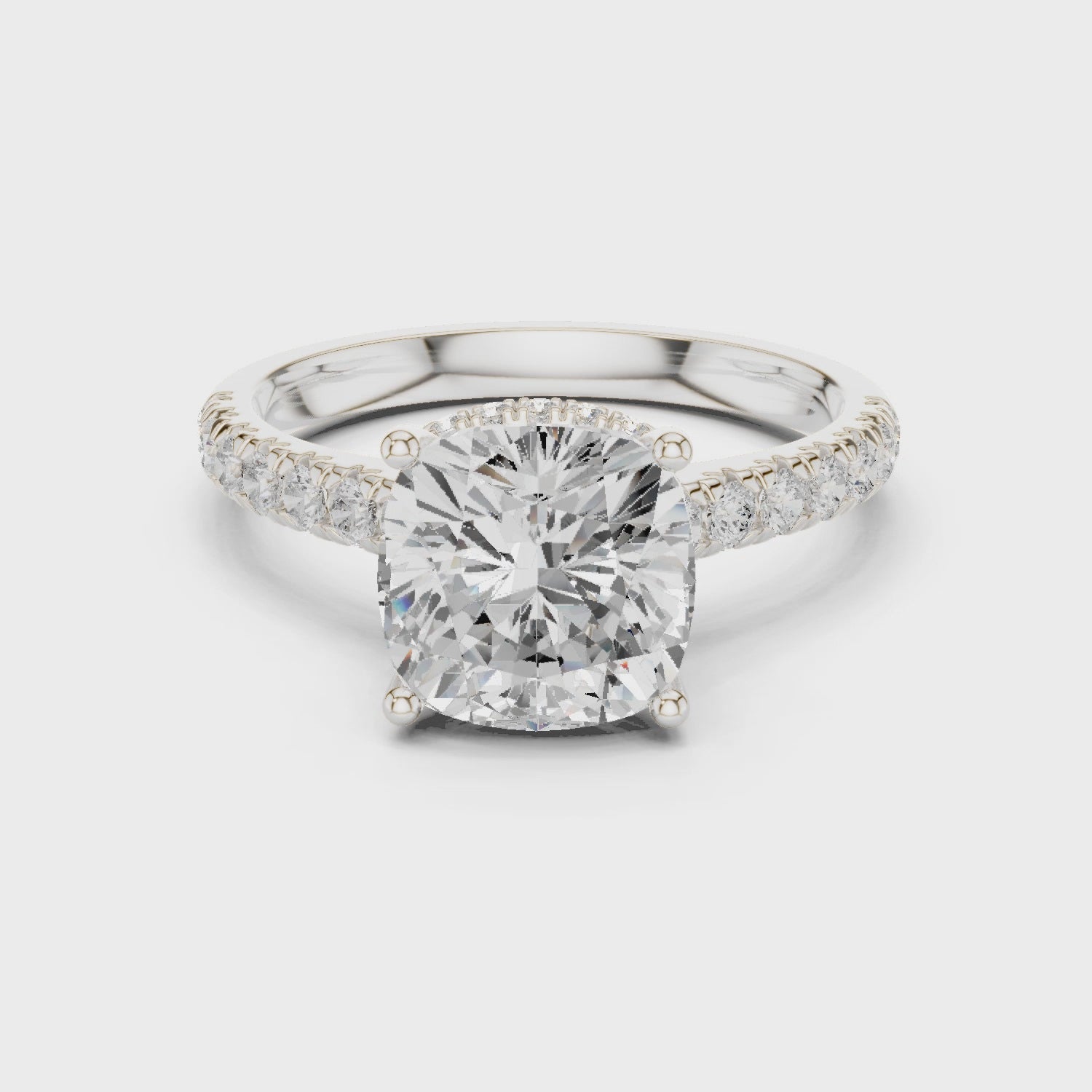 Cushion Cut Diamond Hidden Halo Engagement Ring with Pave Band
