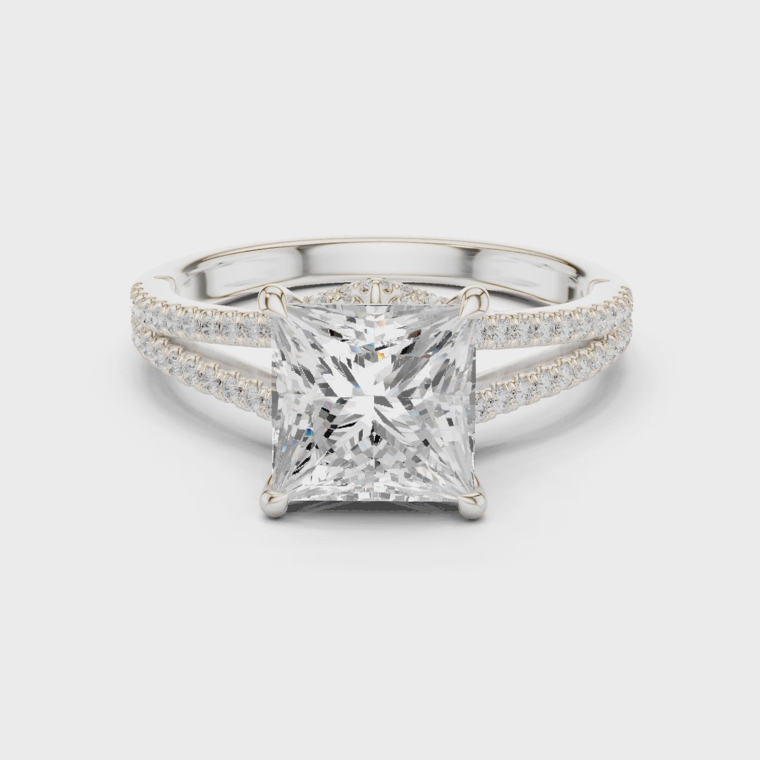 Princess Cut Diamond Split Shank Engagement Ring with Pave Accents
