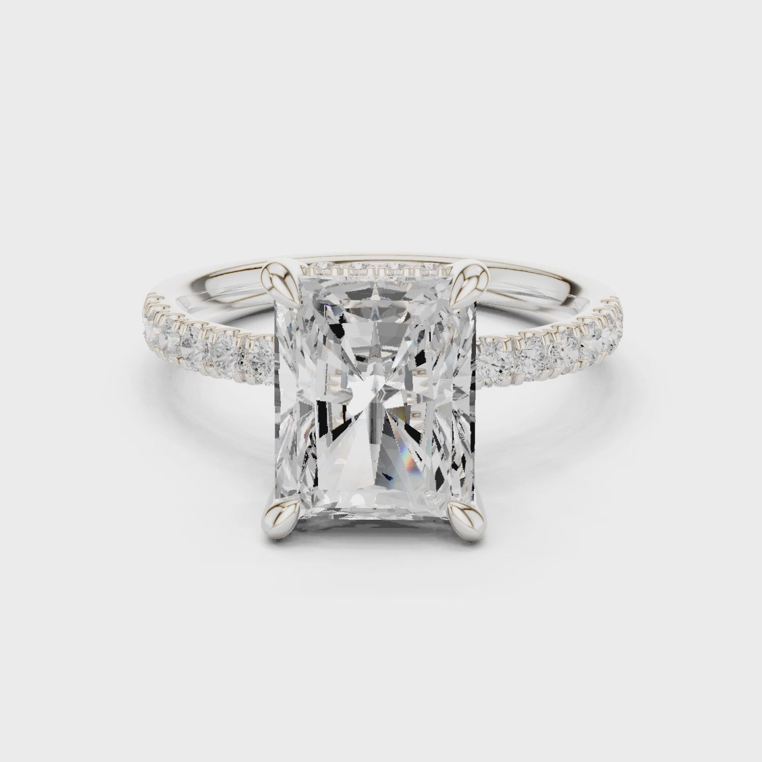 Radiant Diamond Hidden Halo Engagement Ring with Pave Band