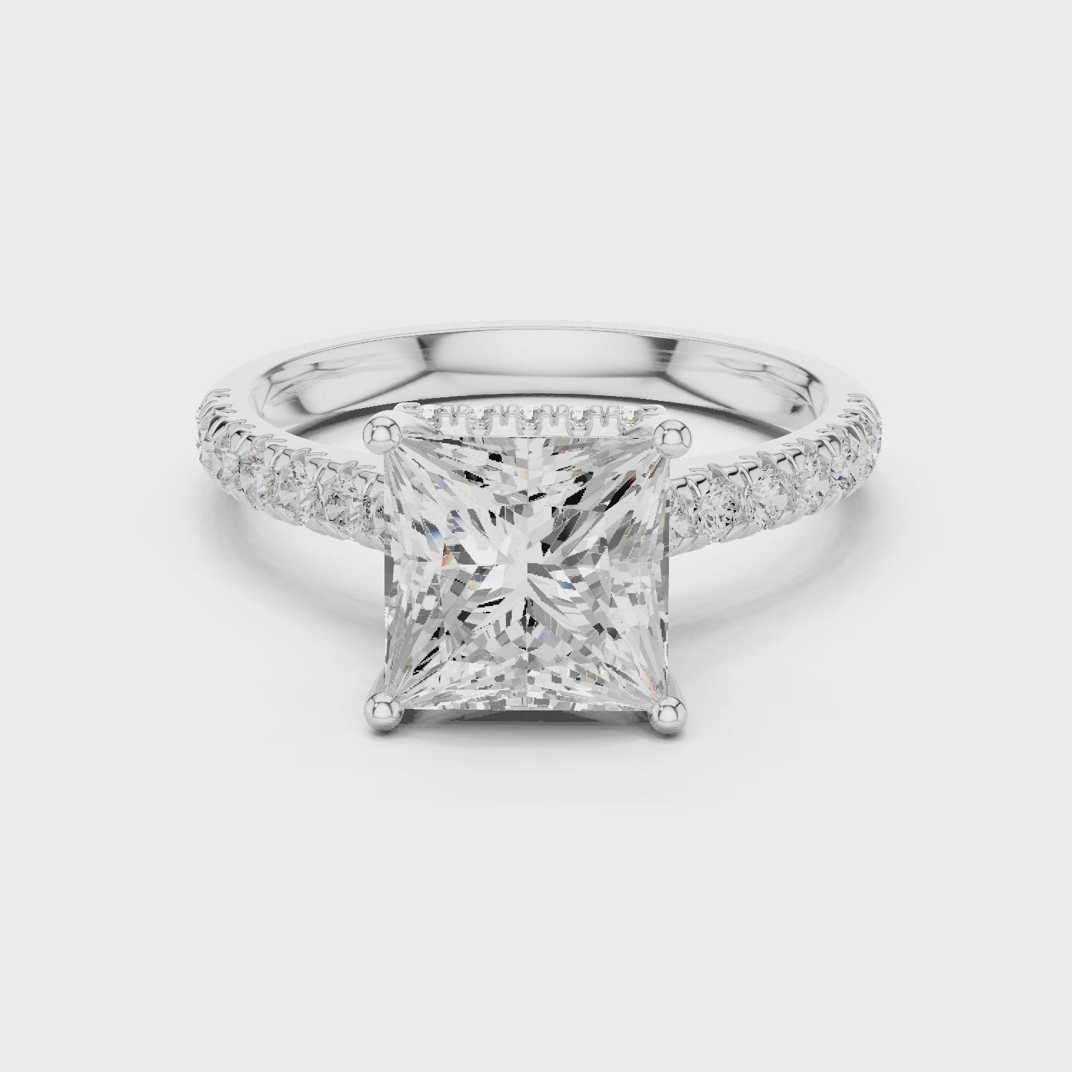 Princess Cut Diamond Hidden Halo Engagement Ring with Pave Band
