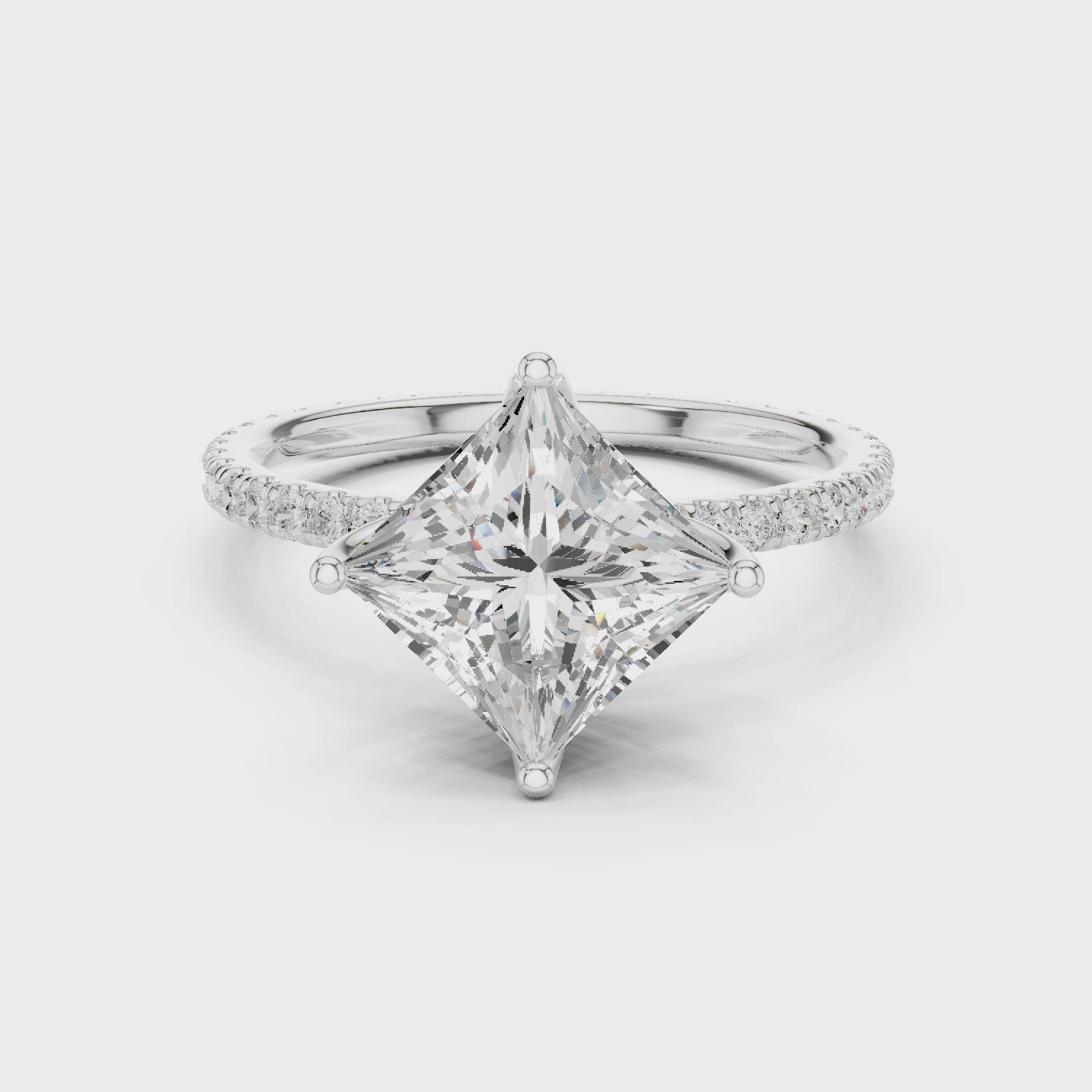 Princess Shape Diamond Pave Band Engagement Ring