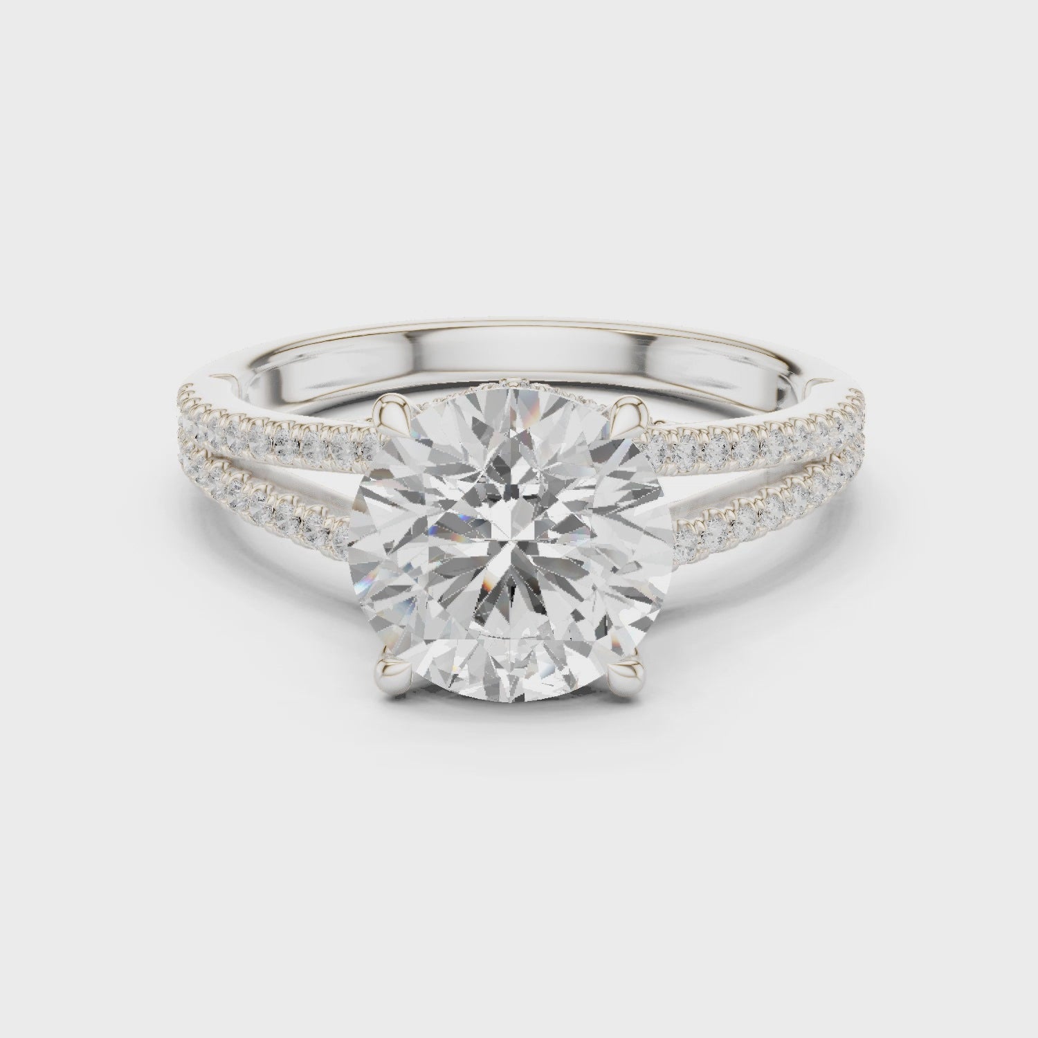 Round Cut Diamond Split Shank Engagement Ring with Pave Accents