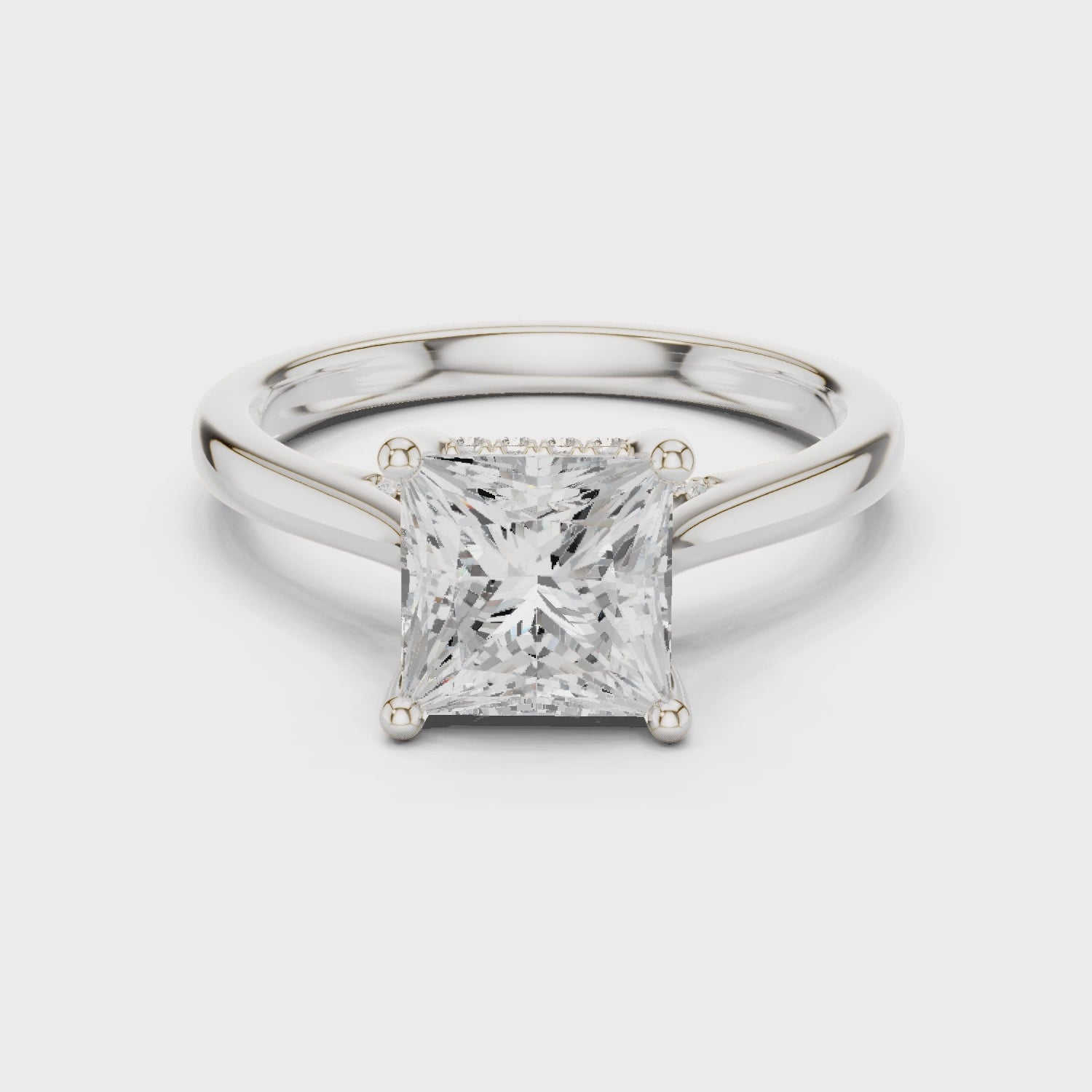 Princess Cut Diamond Hidden Halo Engagement Ring With Cathedral Pave