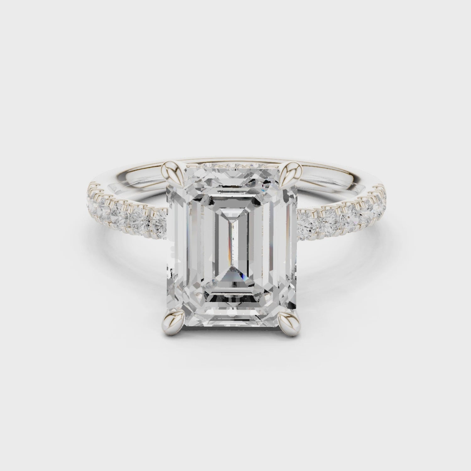 Emerald Diamond Hidden Halo Engagement Ring with Pave Band