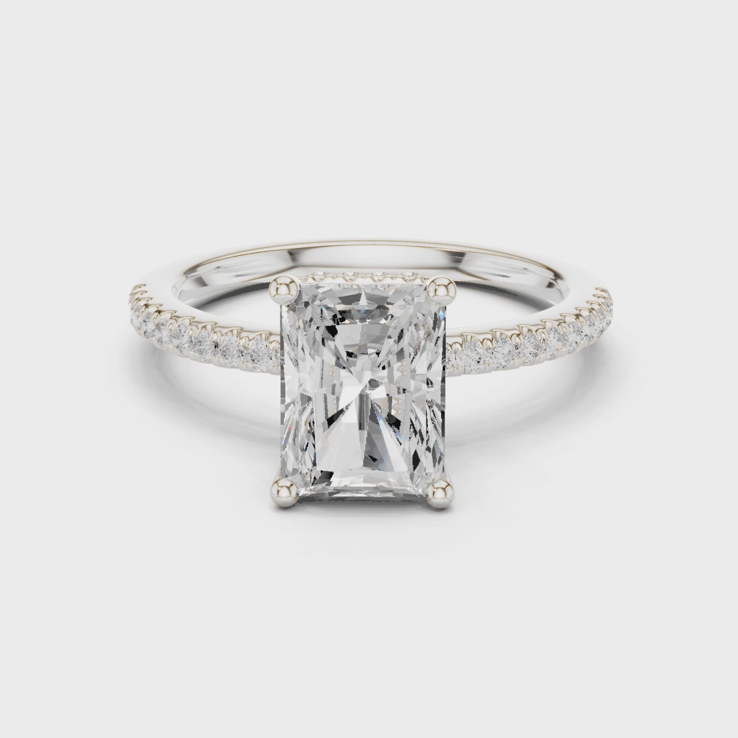 Hidden Halo Radiant Cut Diamond Engagement Ring With Pave Band