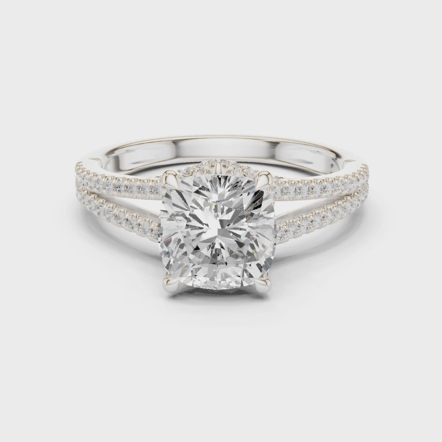 Cushion Cut Diamond Split Shank Engagement Ring with Pave Accents