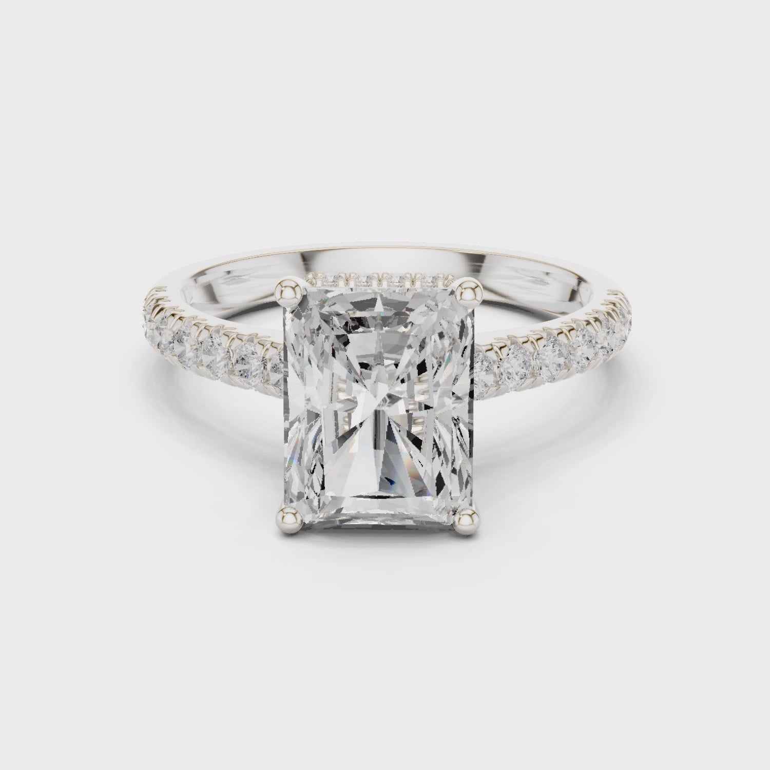 Radiant Cut Diamond Hidden Halo Engagement Ring with Pave Band
