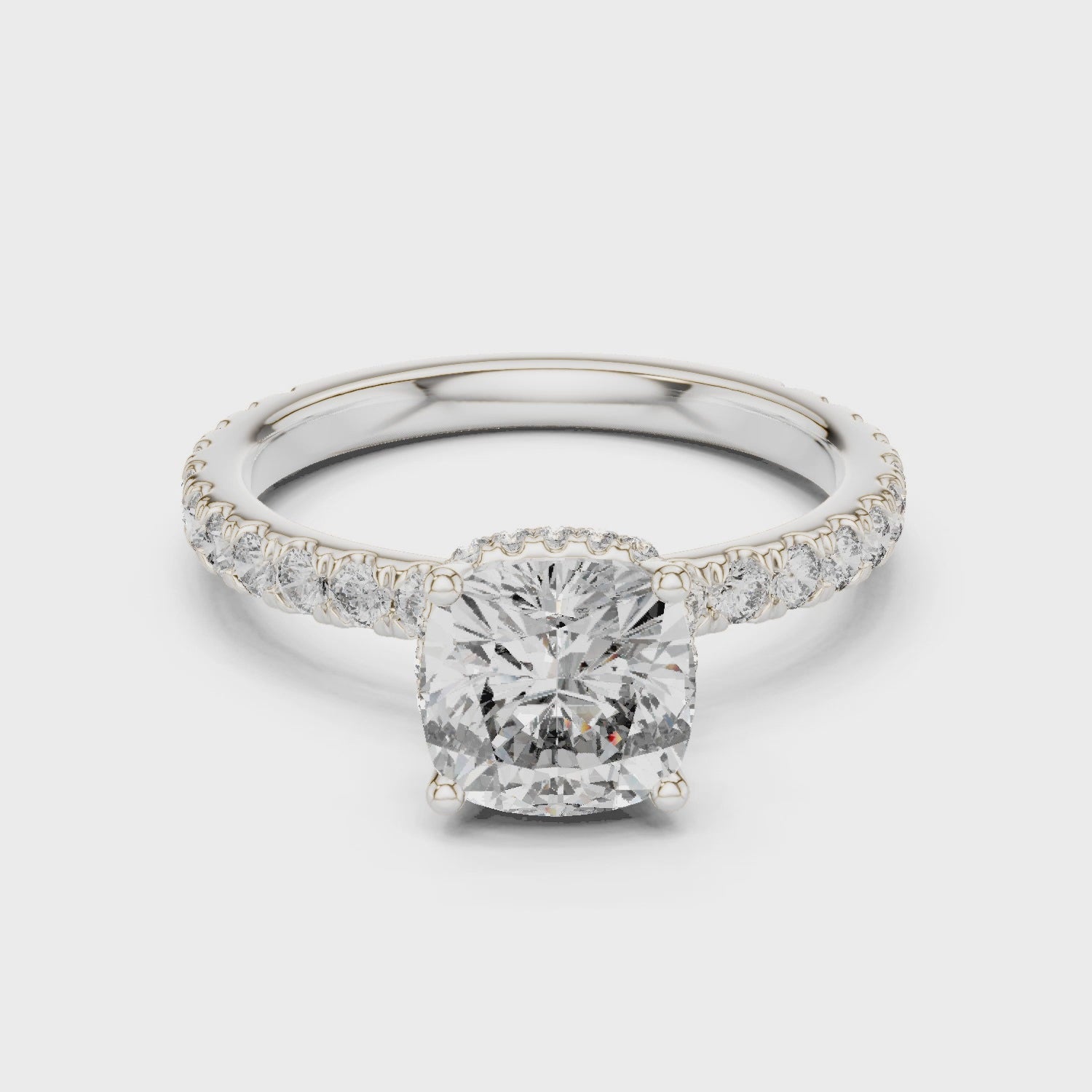 Cushion Brilliant Halo Diamond Engagement Ring with Pave Band